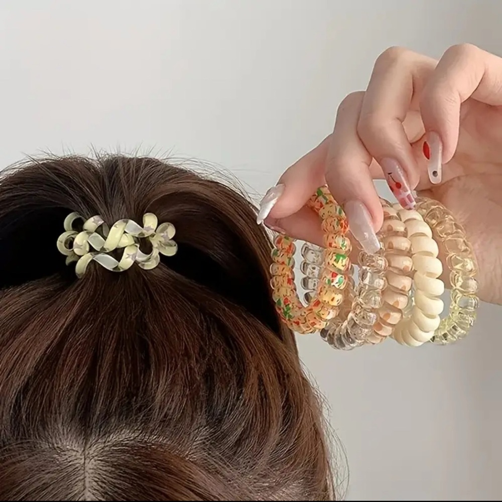 Coil Hair Ties Yellow Floral Print 6 Pieces Spiral Ponytails Bands